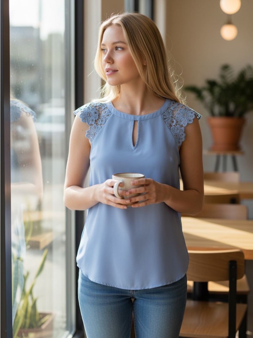 Express Light Blue Crochet Cap-Sleeve Keyhole Cami